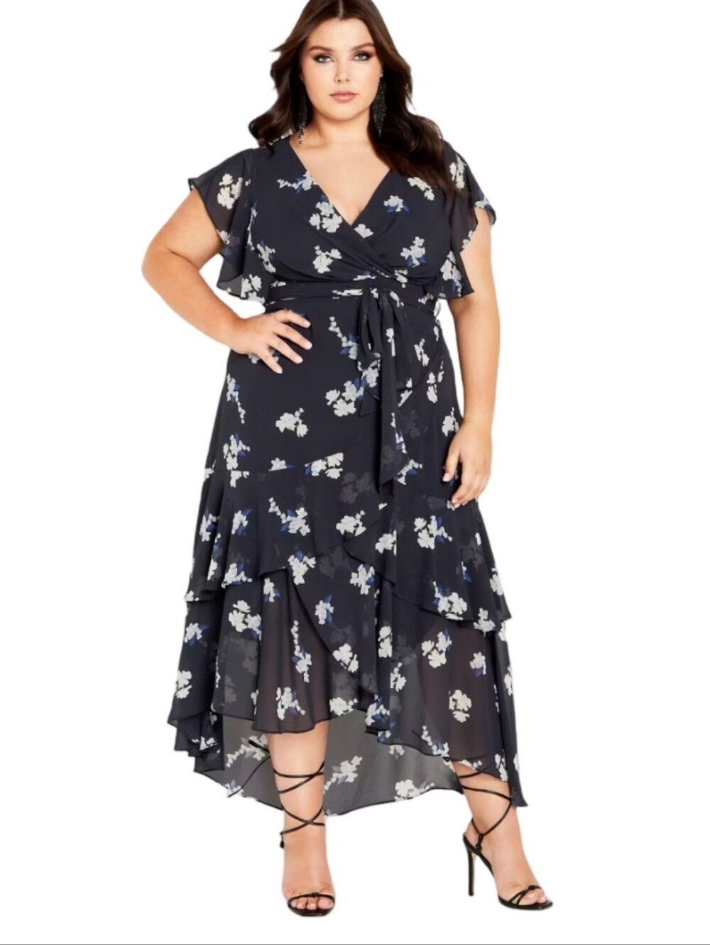 City Chic Demure Floral Plus Size Navy Wrap Maxi Dress Surplice Tie Waist 18 New
